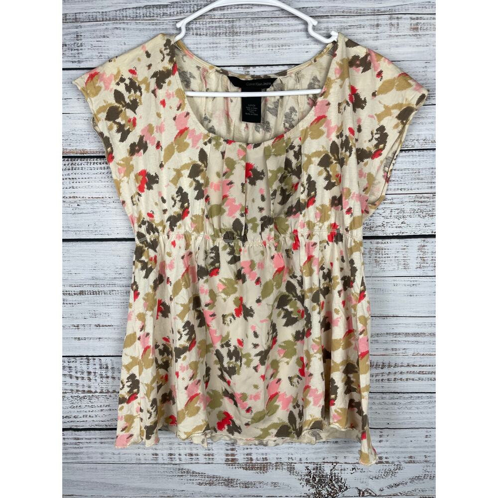 Calvin Klein Babydoll Y2K Top Small Short Sleeves Floral Multicolor Cream 2000s